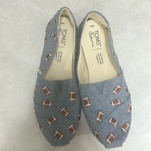 TOMS Women’s Blue Chambray Embroidered Footballs Ortholite Flats Shoes Size 6